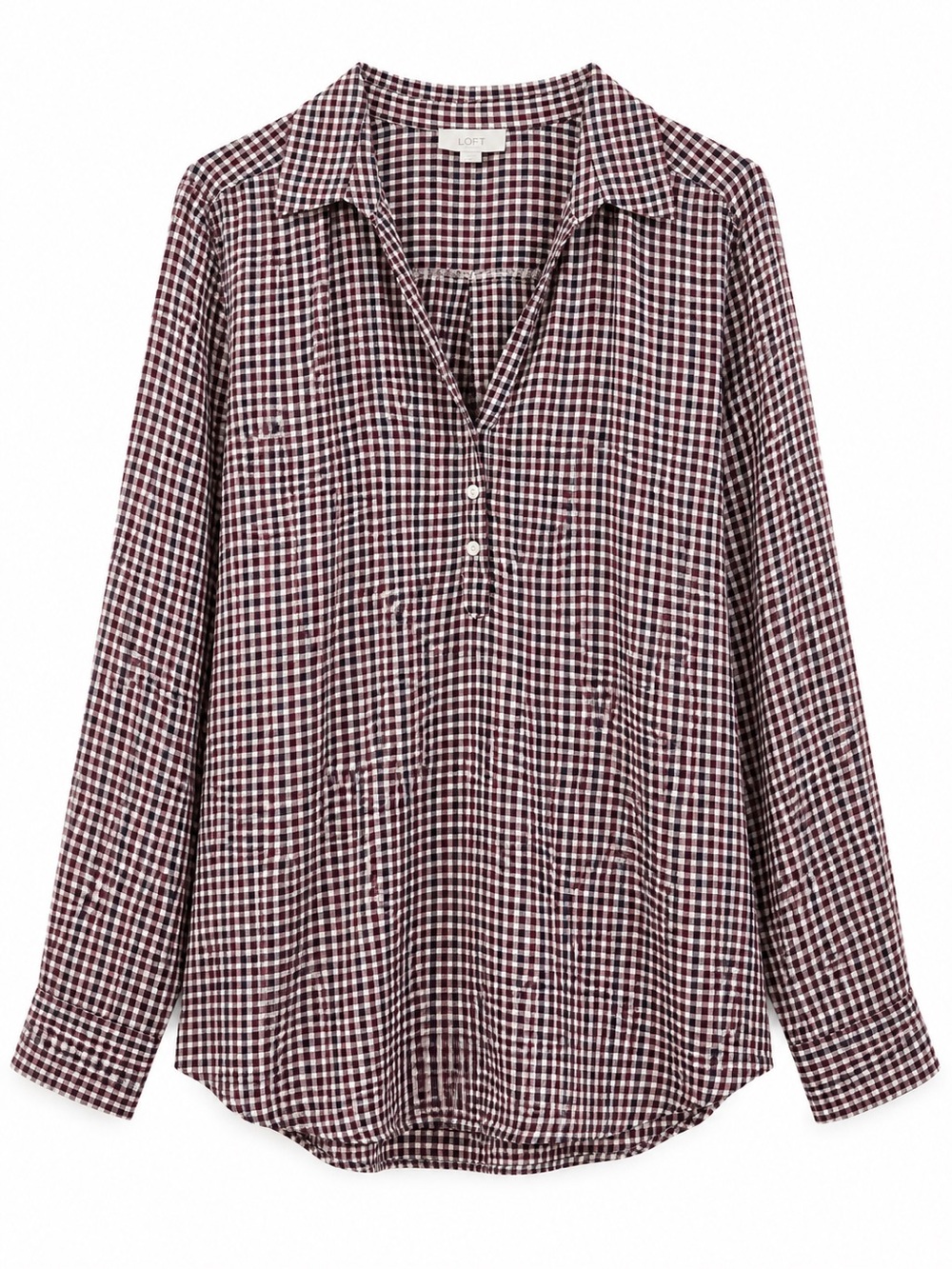 LOFT XL Burgundy Plaid Long Sleeve Henley Popover Blouse Women’s